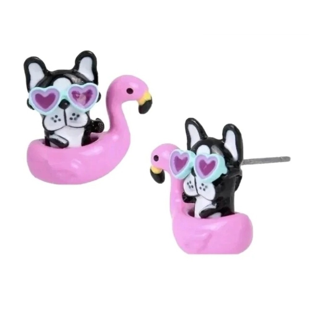 BETSEY JOHNSON PINK FLAMINGO FLOAT FRENCH BULLDOG DOG HEART EARRINGS STUDS NWT